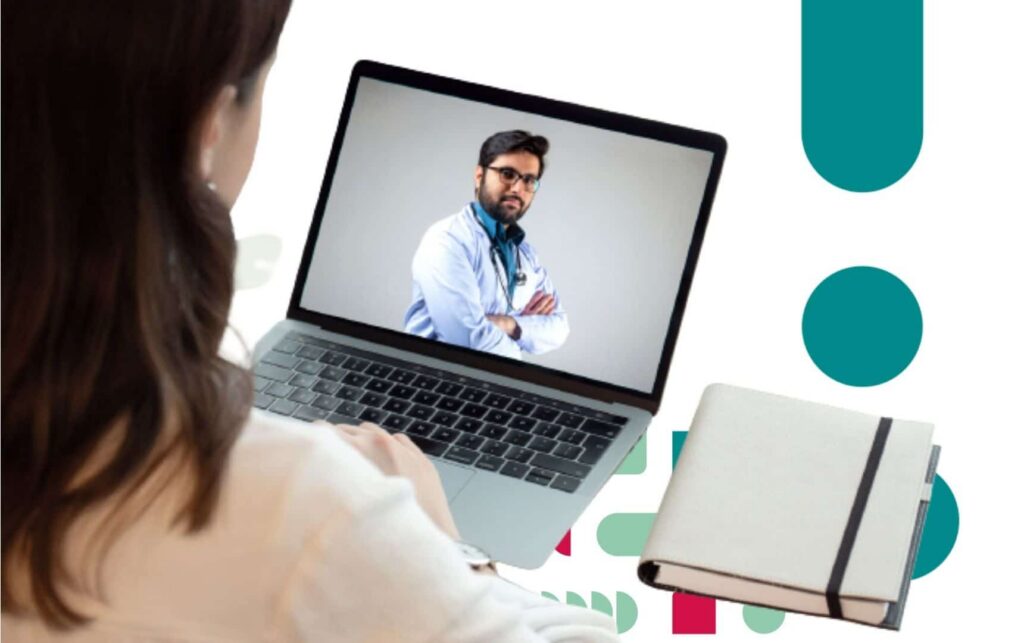 mulher vendo médico na tela do computador